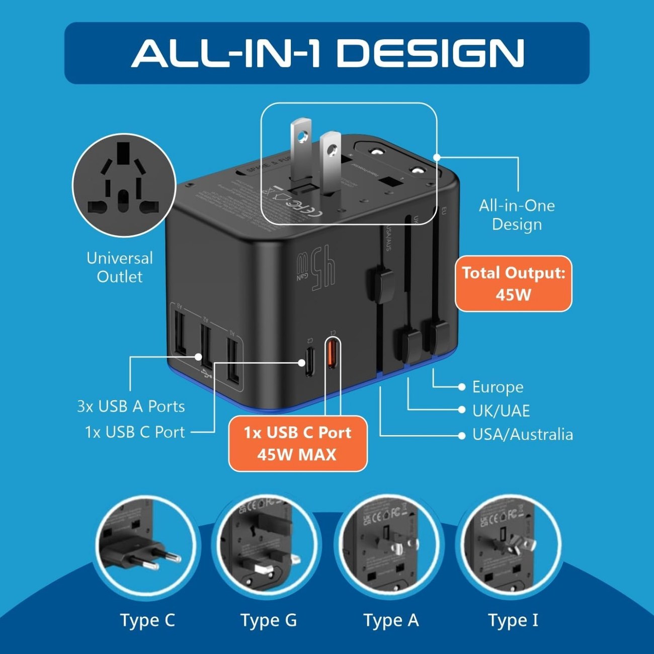 Ceptics 45W Universal Travel Adapter for International Trips